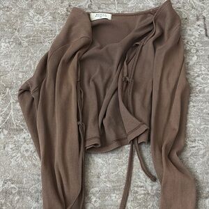 Zara Taupe Ribbed Tie-Front Top